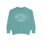 Zodiac Academy crewneck sweatshirt by thtgrlreads featuring a vintage-wash turquoise Comfort Colors base with a white graphic print of a slippery salmon and playful text, perfect for bookish merch fans.