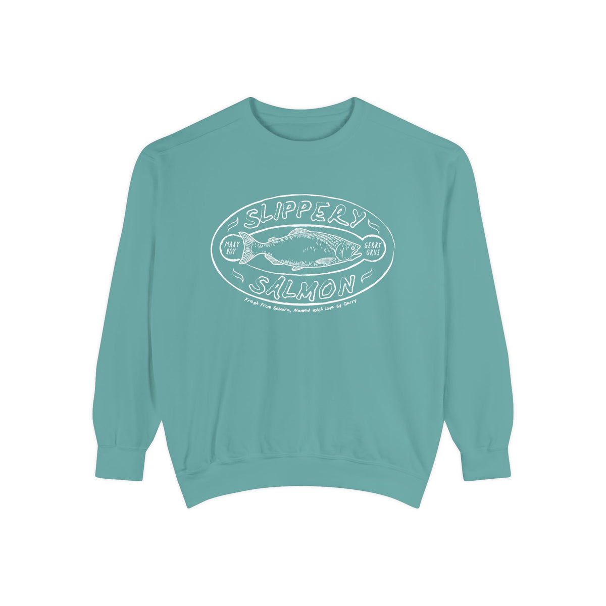 Zodiac Academy crewneck sweatshirt by thtgrlreads featuring a vintage-wash turquoise Comfort Colors base with a white graphic print of a slippery salmon and playful text, perfect for bookish merch fans.