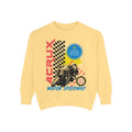 Thtgrlreads Zodiac Academy collection cozy yellow oversized crewneck sweatshirt featuring a vintage motor speedway graphic with bold text and checkered flag design.