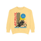 Thtgrlreads Zodiac Academy collection cozy yellow oversized crewneck sweatshirt featuring a vintage motor speedway graphic with bold text and checkered flag design.