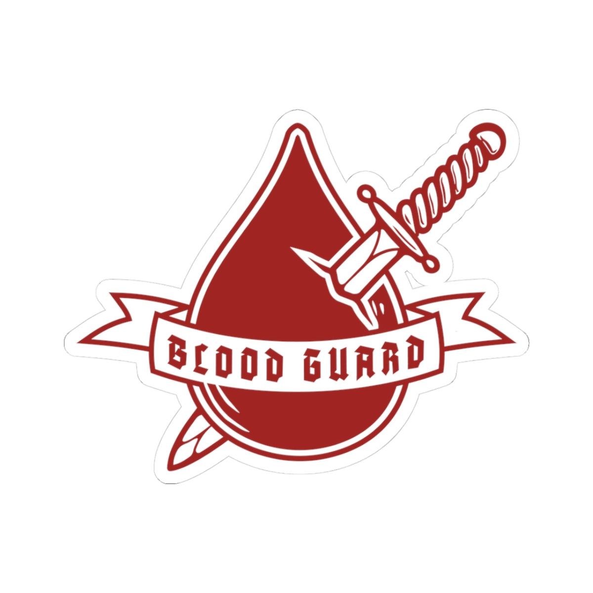 Bloodwing Academy sticker from thtgrlreads featuring a stylized blood drop pierced by a dagger with gothic script text reading "Blood Guard," part of officially licensed bookish merch.