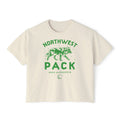 Cream cropped graphic tee with green Northwest Pack wolf artwork and Koen Alexander text, a vintage wash design from Thtgrlreads Ali Hazelwood collection