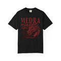 A black Comfort Colors graphic tee from thtgrlreads featuring a vintage wash and a dark red vintage puff print graphic of a dragon head with the text "Medra Pendragon Blightborn" and "Last of the dragon riders.