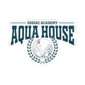Zodiac Academy-themed Aqua House sticker from thtgrlreads featuring a bold collegiate font and a laurel wreath encircling a stylized water emblem in deep teal.