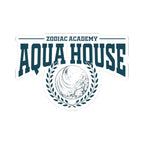 Zodiac Academy-themed Aqua House sticker from thtgrlreads featuring a bold collegiate font and a laurel wreath encircling a stylized water emblem in deep teal.