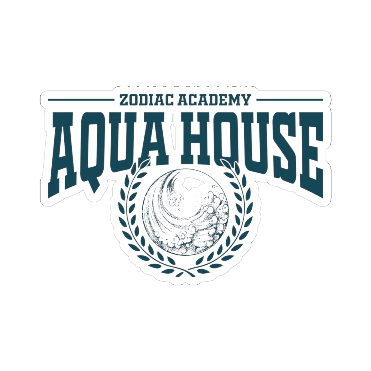 Zodiac Academy-themed Aqua House sticker from thtgrlreads featuring a bold collegiate font and a laurel wreath encircling a stylized water emblem in deep teal.