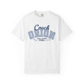 A white Comfort Colors graphic tee from thtgrlreads featuring a vintage puff print "Coach Orion" design with Zodiac Academy and Pitball text, part of the Zodiac Academy collection.