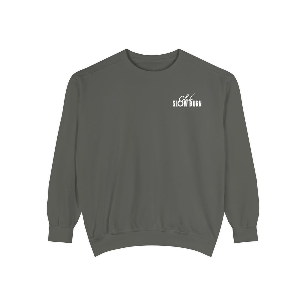 A vintage-washed oversized crewneck sweatshirt from thtgrlreads featuring subtle "Slow Burn" text in white, part of the Book Bestie and Crewnecks collections.