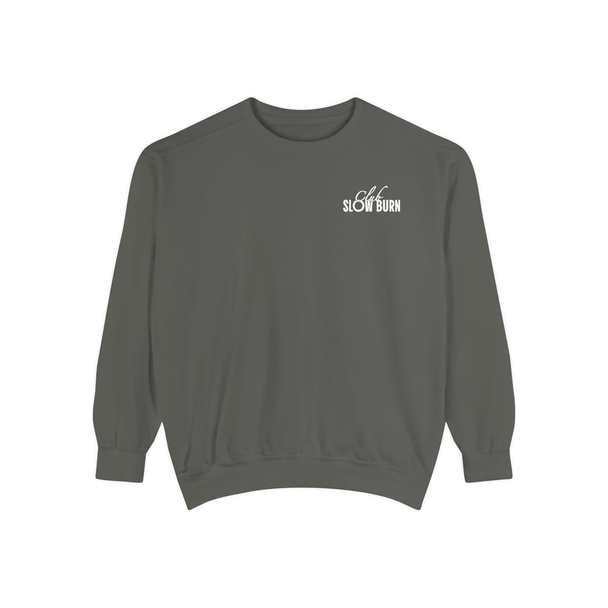 A vintage-washed oversized crewneck sweatshirt from thtgrlreads featuring subtle "Slow Burn" text in white, part of the Book Bestie and Crewnecks collections.