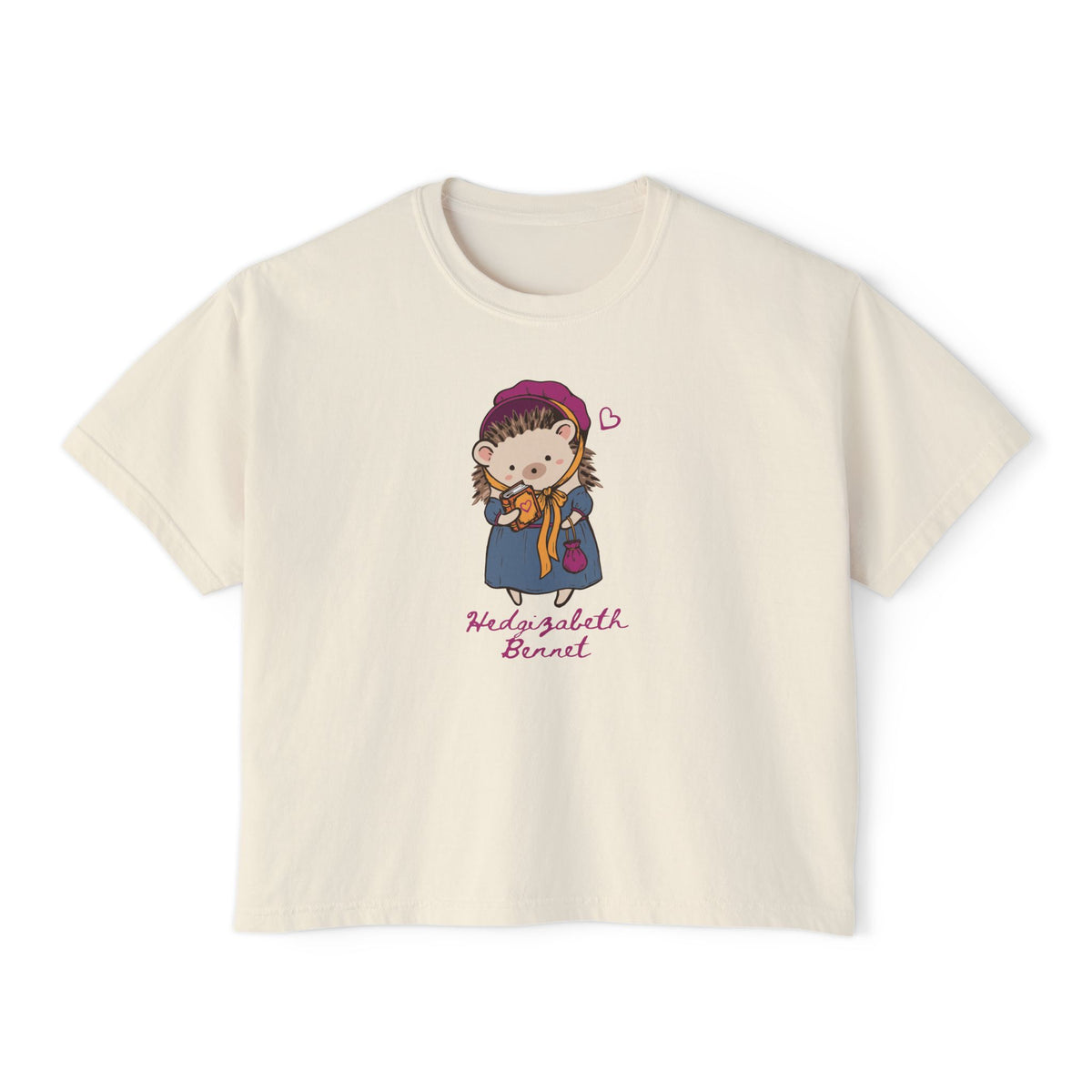 Cream cropped tee with a cute Hedgizabeth Bennet hedgehog graphic, officially licensed Ali Hazelwood bookish apparel from Thtgrlreads Tees and Ali Hazelwood collections