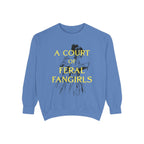 Thtgrlreads Off Brand cozy blue Comfort Colors oversized crewneck sweatshirt from the Book Bestie collection featuring vintage-style yellow text and a sketch graphic.