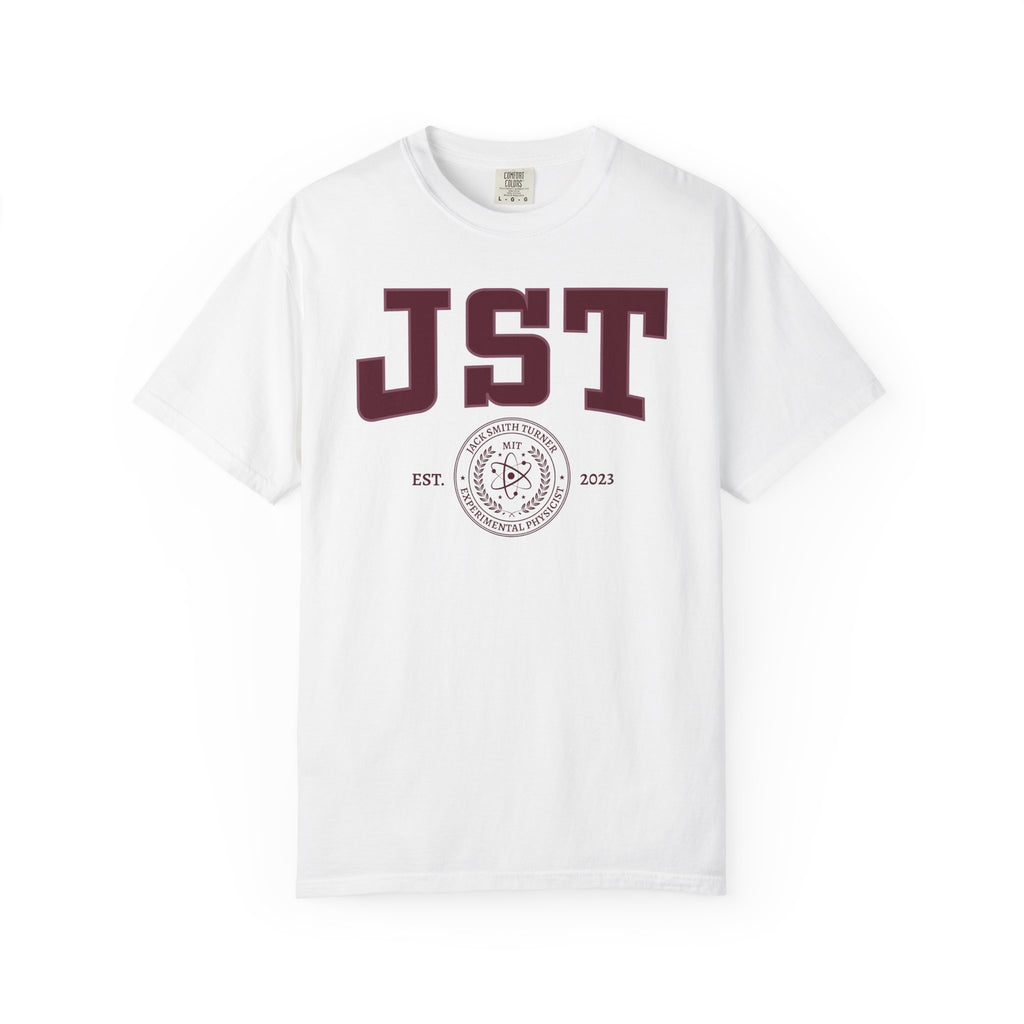 White Comfort Colors graphic tee featuring burgundy JST lettering, a circular academic seal, and 2023 details from Ali Hazelwood Tees by Printify