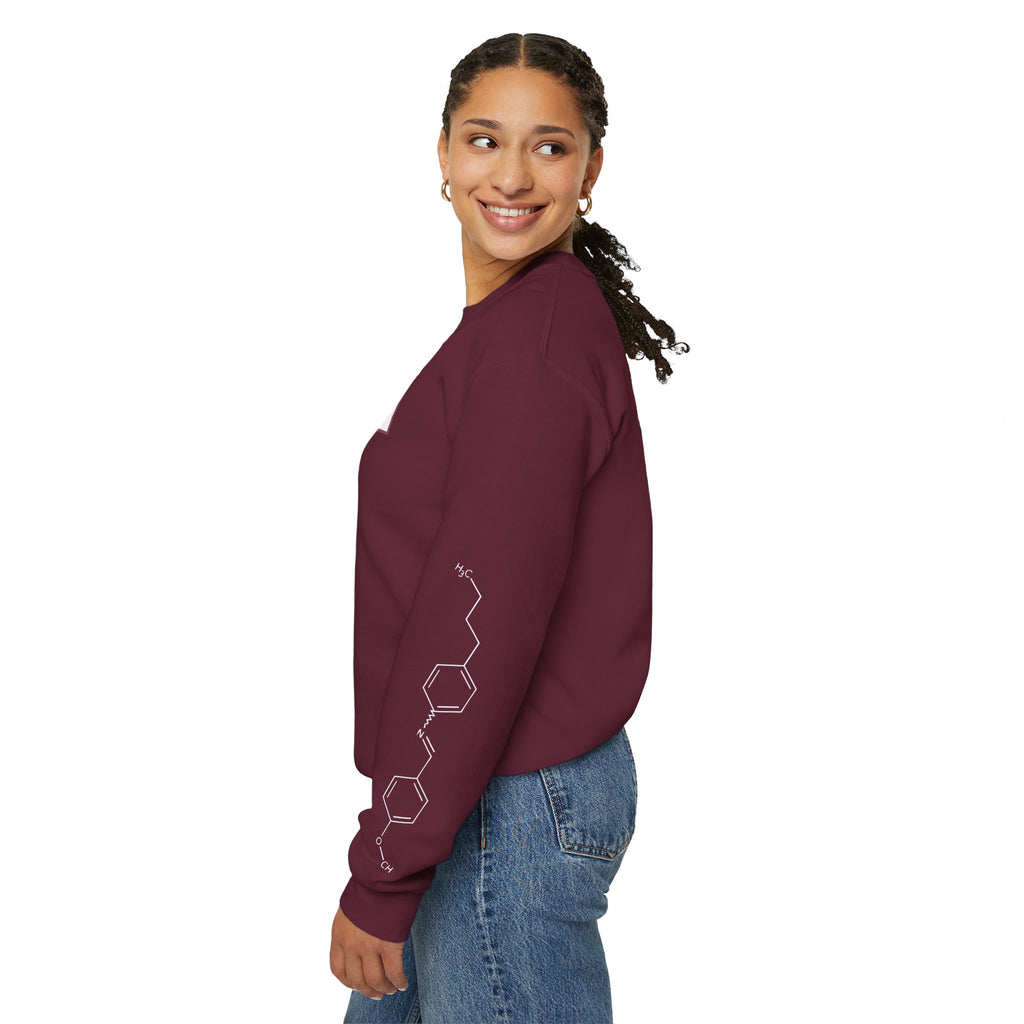 Person wearing a burgundy crewneck sweatshirt with a delicate geometric sleeve design and jeans, from Thtgrlreads Ali Hazelwood Crewnecks.