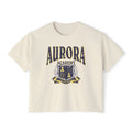 Ruthless Boys of the Zodiac crop top from thtgrlreads in partnership with Printify, featuring a vintage-washed Comfort Colors base with a distressed Aurora Academy graphic in navy and gold.