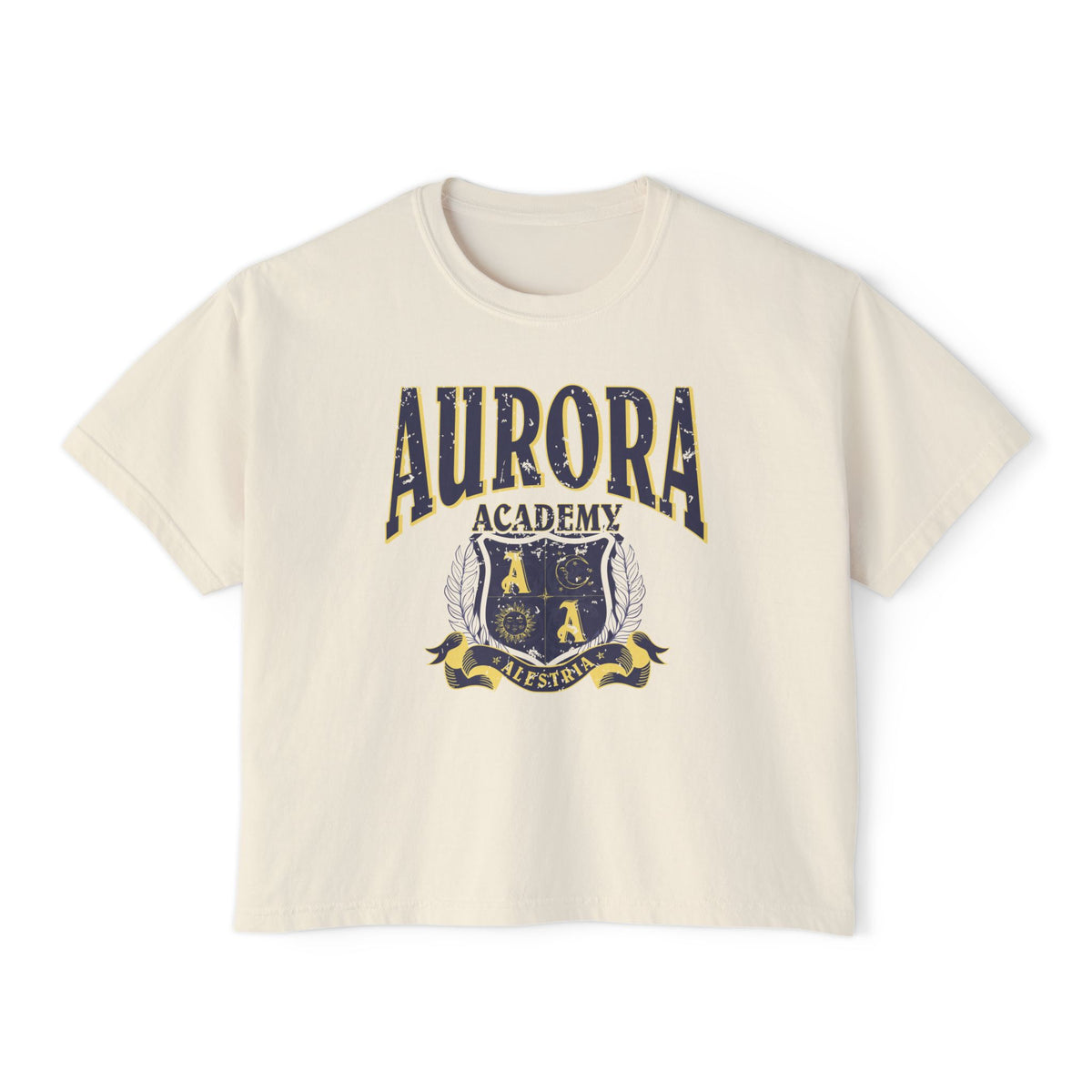 Ruthless Boys of the Zodiac crop top from thtgrlreads in partnership with Printify, featuring a vintage-washed Comfort Colors base with a distressed Aurora Academy graphic in navy and gold.