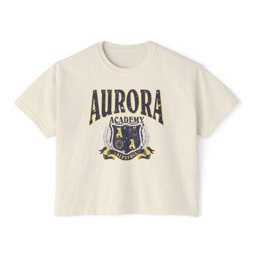 Ruthless Boys of the Zodiac crop top from thtgrlreads in partnership with Printify, featuring a vintage-washed Comfort Colors base with a distressed Aurora Academy graphic in navy and gold.