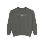 The Poison Daughter collection cozy crewneck sweatshirt by thtgrlreads in vintage-washed comfort colors fabric, featuring white minimalist text "My heart. My bones. Our blood." across the chest.