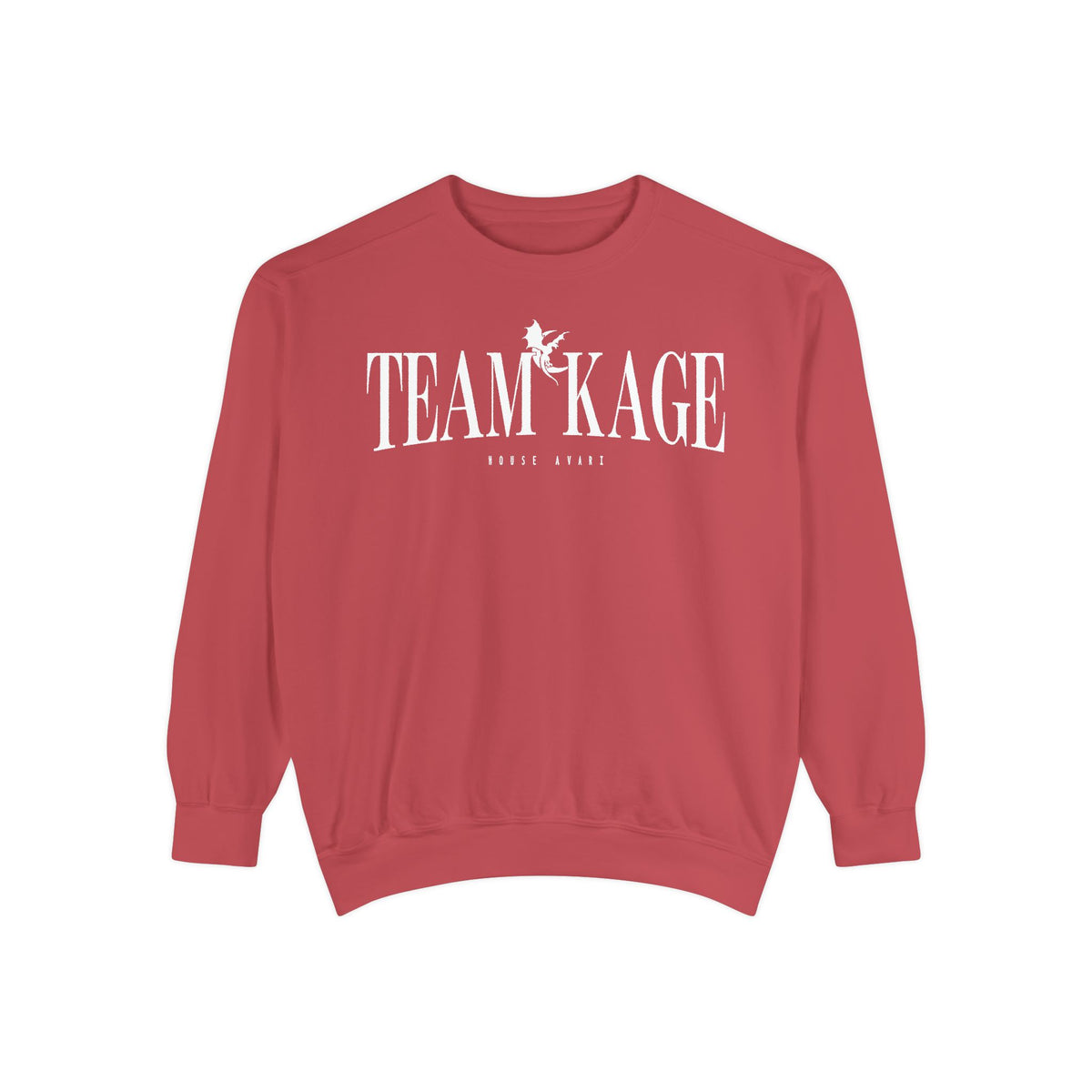 Bloodwing Academy crewneck sweatshirt from thtgrlreads featuring a vintage wash Comfort Colors base and bold white "Team Kage" graphic with a witch silhouette, perfect for fans.