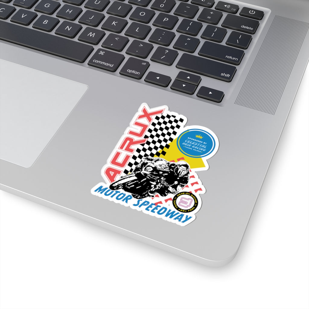 Zodiac Academy sticker by thtgrlreads featuring a dynamic motorcycle racer graphic with checkered flag and bold red and blue text, part of the Stickers collection.