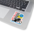 Zodiac Academy sticker by thtgrlreads featuring a dynamic motorcycle racer graphic with checkered flag and bold red and blue text, part of the Stickers collection.