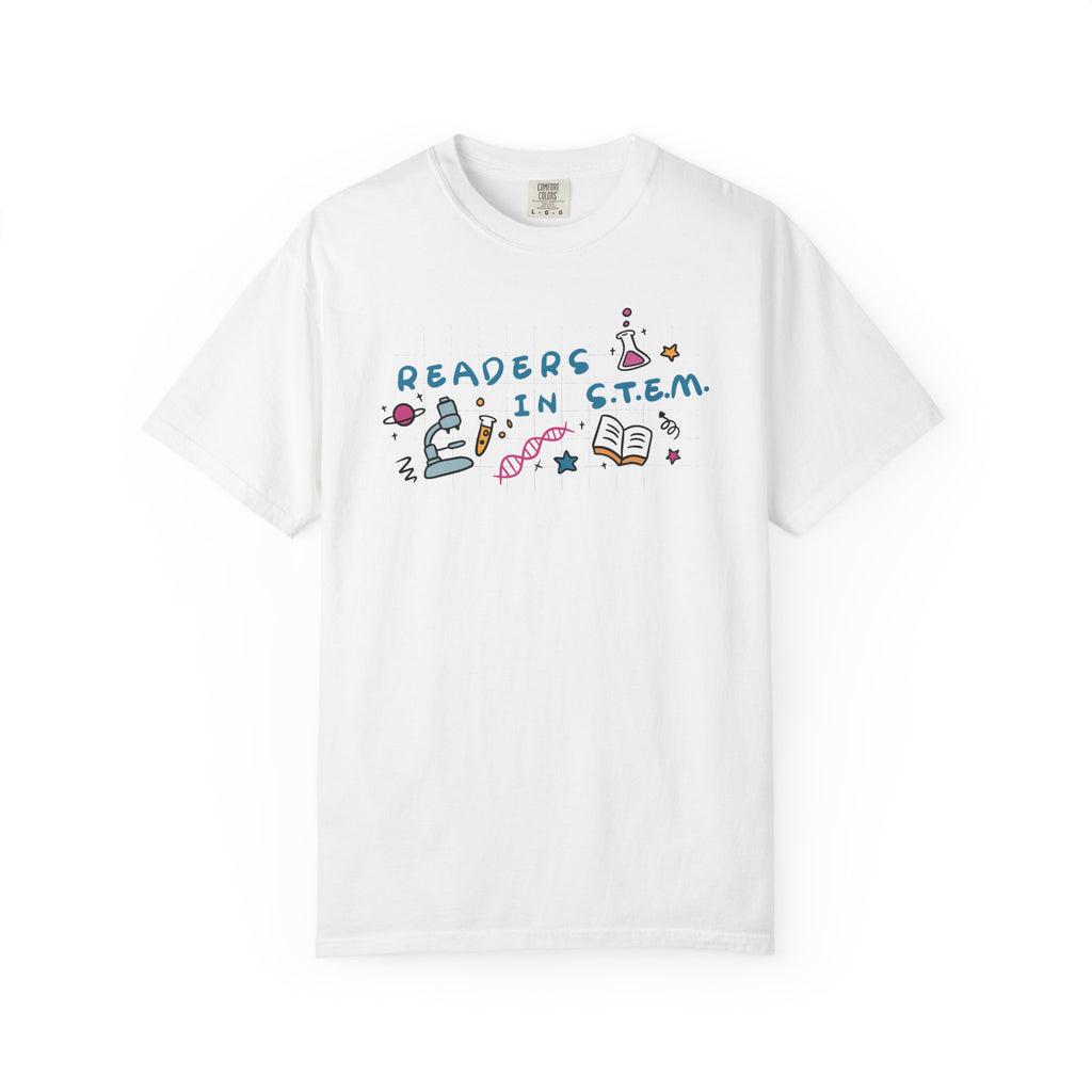 thtgrlreads Ali Hazelwood Love Hypothesis licensed Comfort Colors graphic tee in white, featuring Readers in STEM lettering with colorful science, DNA, planet, and book illustrations