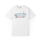 thtgrlreads Ali Hazelwood Love Hypothesis licensed Comfort Colors graphic tee in white, featuring Readers in STEM lettering with colorful science, DNA, planet, and book illustrations