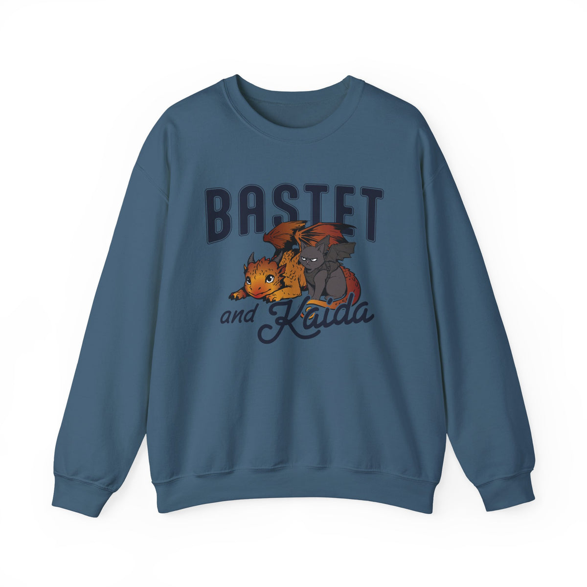 thtgrlreads Blood Bound crewneck sweatshirt featuring orange and gray dragons with Bastet and Kaida lettering on a blue vintage style graphic, printed by Printify