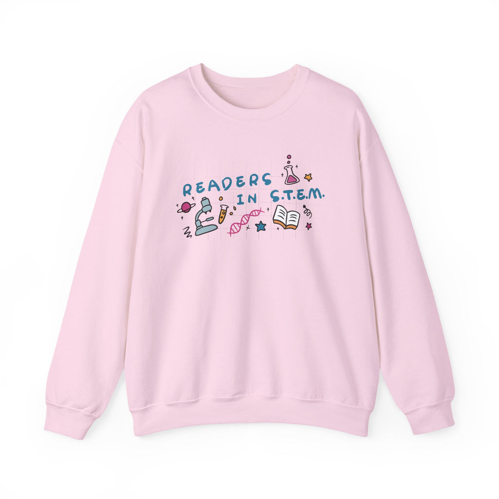 thtgrlreads Ali Hazelwood Love Hypothesis officially licensed pink crewneck sweatshirt with Readers in STEM lettering and colorful science and book illustrations
