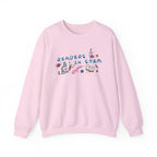 thtgrlreads Ali Hazelwood Love Hypothesis officially licensed pink crewneck sweatshirt with Readers in STEM lettering and colorful science and book illustrations