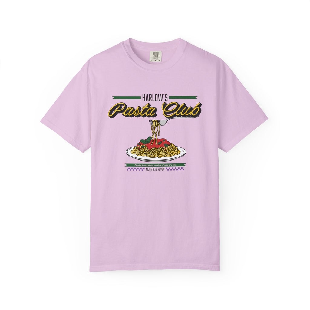 Thtgrlreads officially licensed The Poison Daughter collection comfort colors graphic tee featuring a vintage-style "Harlow's Pasta Club" print with pasta and sauce illustration.