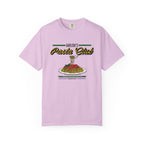 Thtgrlreads officially licensed The Poison Daughter collection comfort colors graphic tee featuring a vintage-style "Harlow's Pasta Club" print with pasta and sauce illustration.