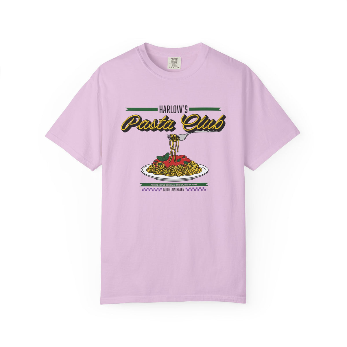 Thtgrlreads officially licensed The Poison Daughter collection comfort colors graphic tee featuring a vintage-style "Harlow's Pasta Club" print with pasta and sauce illustration.