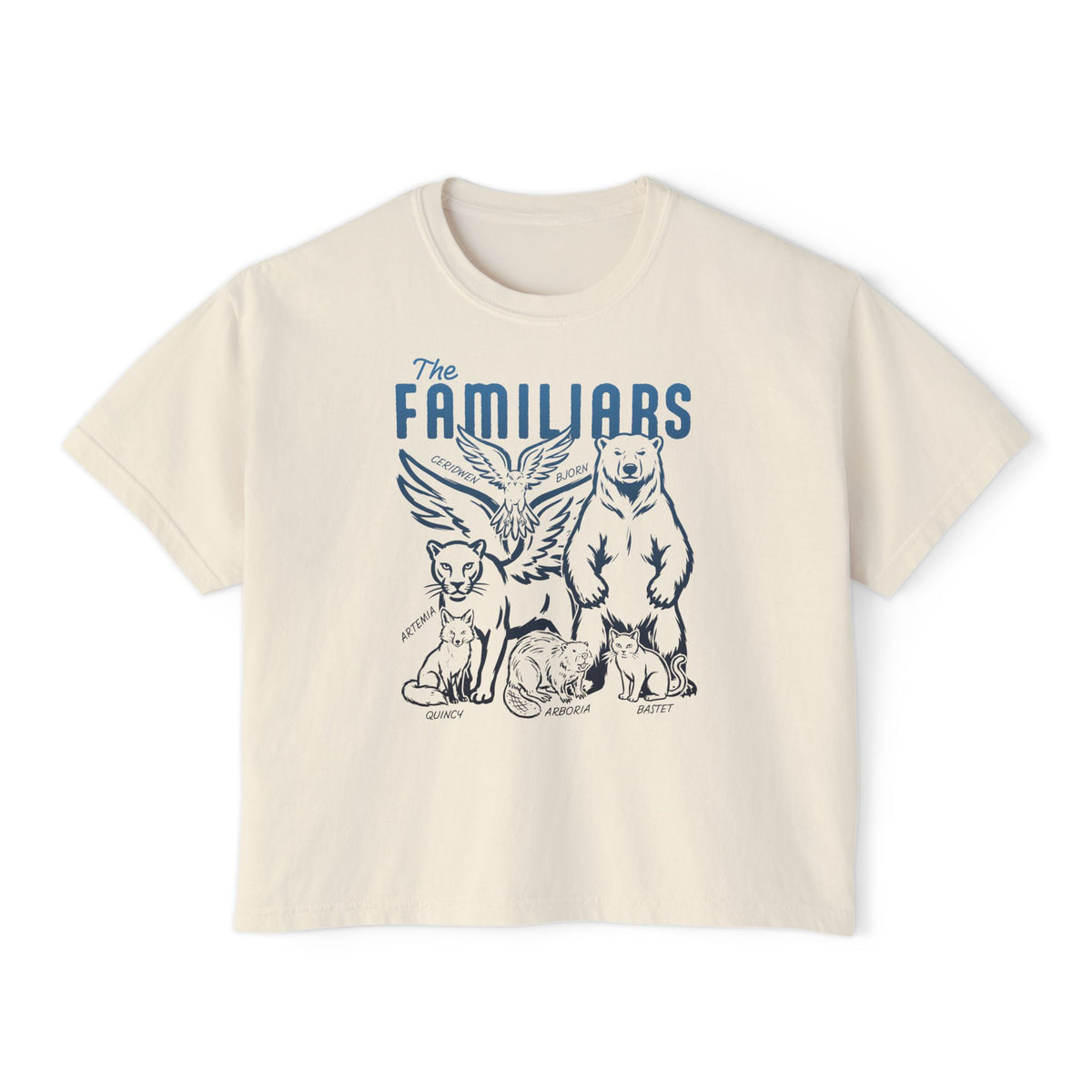 thtgrlreads Blood Bound collection cream Comfort Colors crop top featuring vintage-style navy blue graphic of familiars from Ellis Hunter's book, unisex fit by Printify.