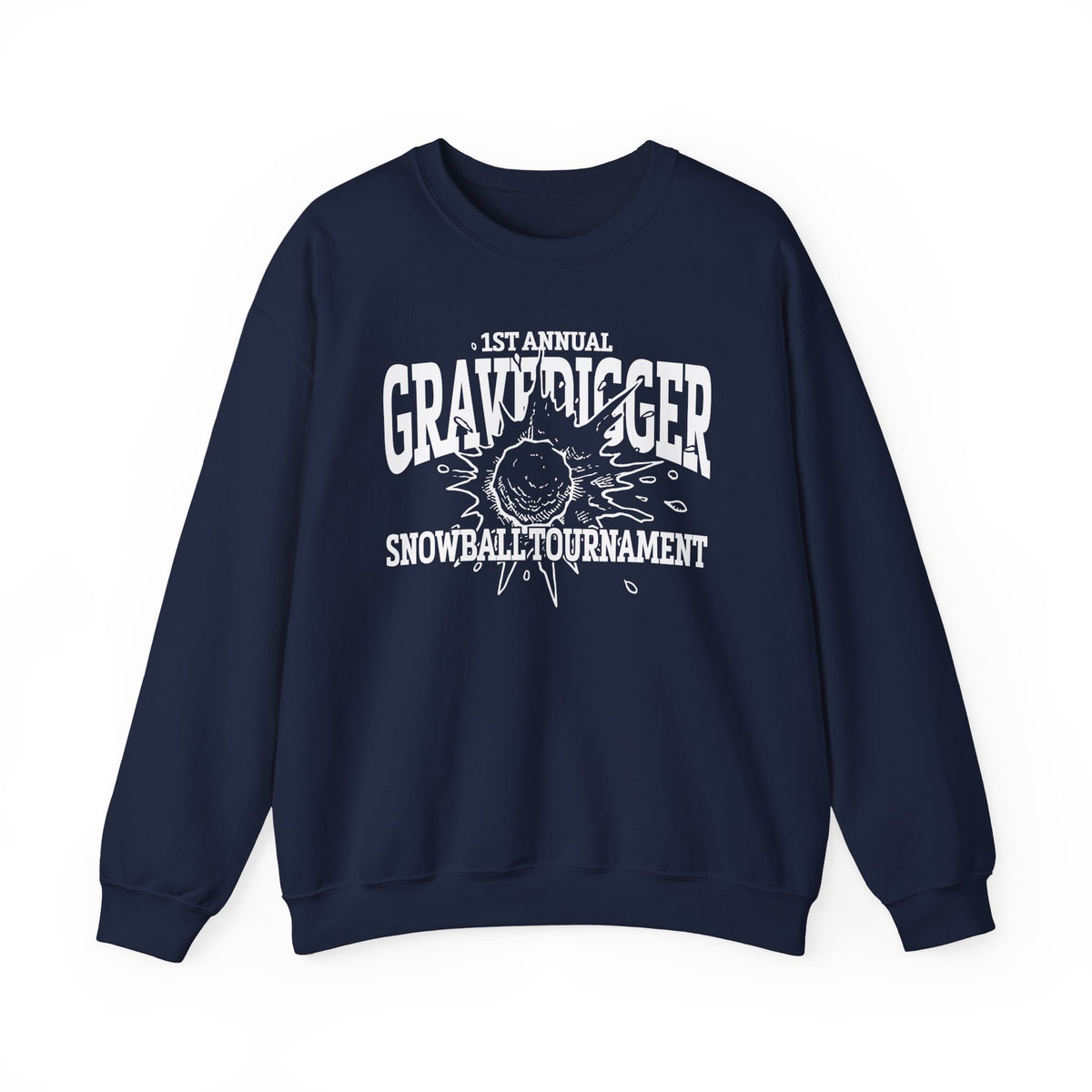 A navy oversized crewneck from thtgrlreads featuring Liv Zander collection text and a white vintage-style graphic reading “1st Annual Gravedigger Snowball Tournament” with a snowball splash design.