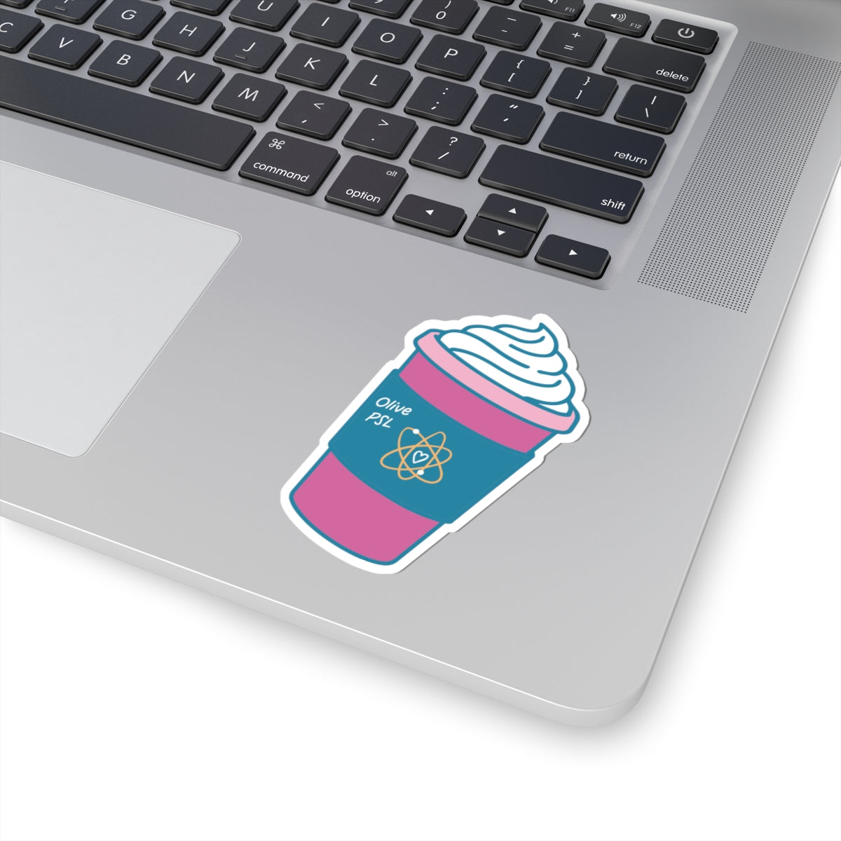 Olive coffee cup sticker with an atomic symbol on a laptop, inspired by The Love Hypothesis by Ali Hazelwood, from Thtgrlreads stickers collection