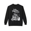 Thtgrlreads officially licensed cozy oversized crewneck sweatshirt from the Book Bestie and Off Brand collections featuring a vintage white graphic of a skull on stacked books, candles, and a rose with "Dark Romance Reader" text in a gothic style.