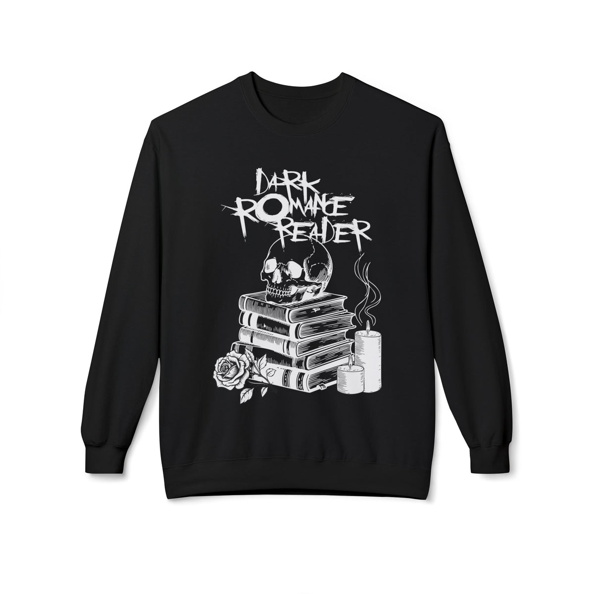 Thtgrlreads officially licensed cozy oversized crewneck sweatshirt from the Book Bestie and Off Brand collections featuring a vintage white graphic of a skull on stacked books, candles, and a rose with "Dark Romance Reader" text in a gothic style.