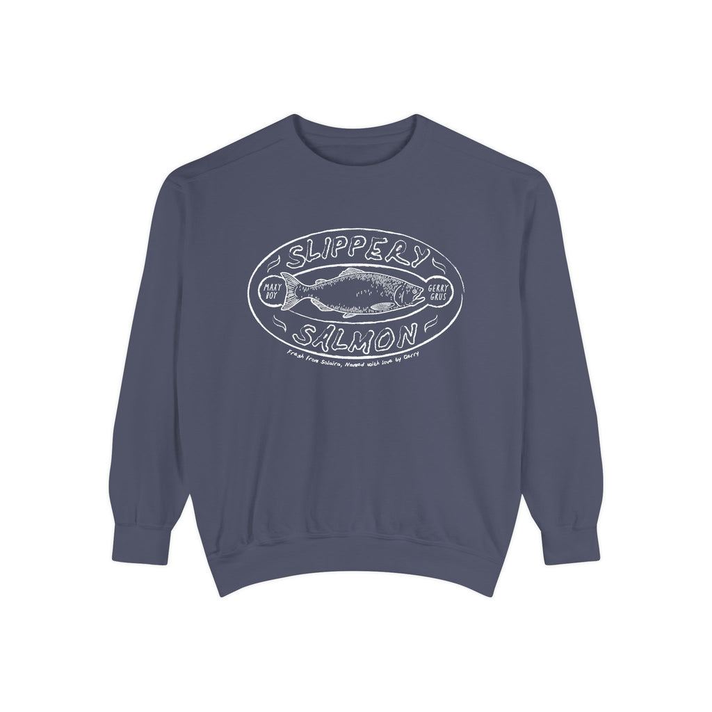 Zodiac Academy crewneck sweatshirt by thtgrlreads featuring a vintage wash blue Comfort Colors fabric with a white vintage puff print graphic of a slippery salmon and retro lettering.