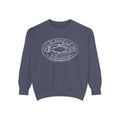 Zodiac Academy crewneck sweatshirt by thtgrlreads featuring a vintage wash blue Comfort Colors fabric with a white vintage puff print graphic of a slippery salmon and retro lettering.