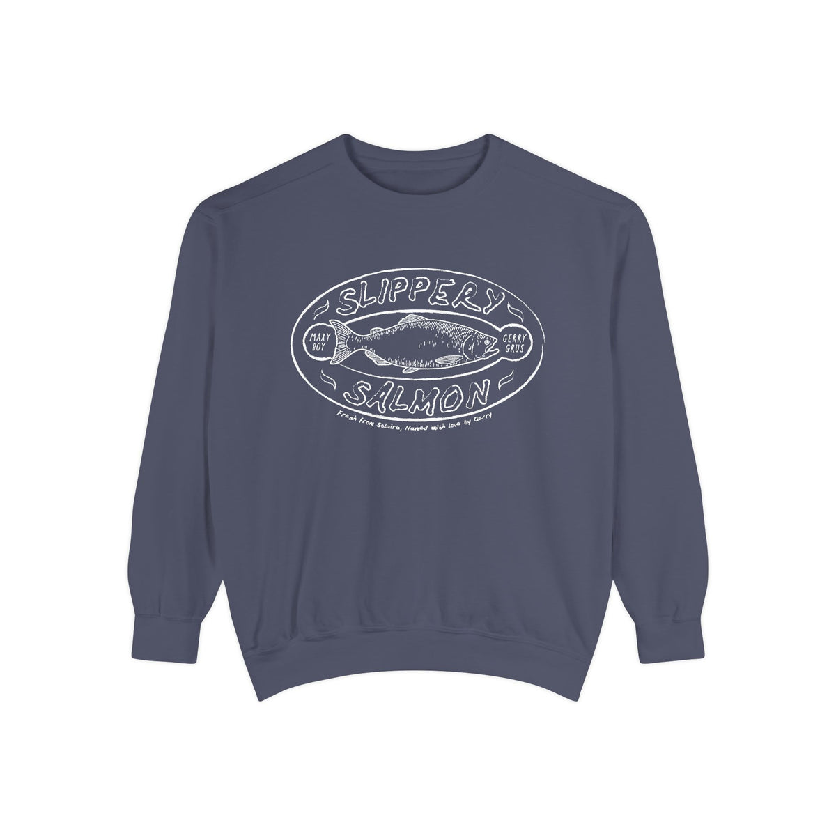 Zodiac Academy crewneck sweatshirt by thtgrlreads featuring a vintage wash blue Comfort Colors fabric with a white vintage puff print graphic of a slippery salmon and retro lettering.