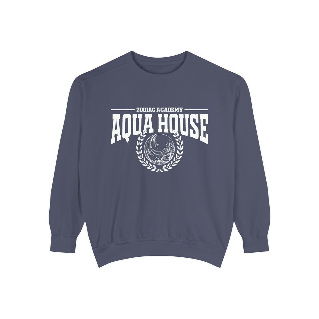 Zodiac Academy inspired aqua house sweatshirt by thtgrlreads featuring a cozy unisex Comfort Colors crewneck with vintage washed fabric and bold white collegiate-style print.
