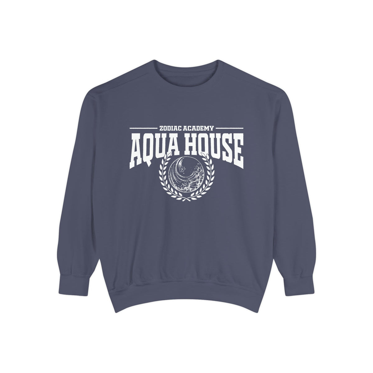 Zodiac Academy inspired aqua house sweatshirt by thtgrlreads featuring a cozy unisex Comfort Colors crewneck with vintage washed fabric and bold white collegiate-style print.