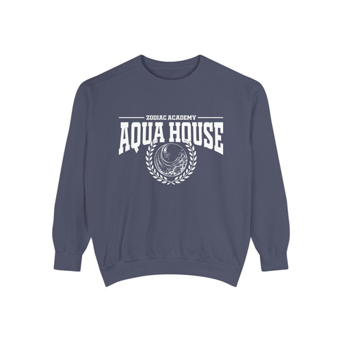 Zodiac Academy inspired aqua house sweatshirt by thtgrlreads featuring a cozy unisex Comfort Colors crewneck with vintage washed fabric and bold white collegiate-style print.
