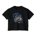 thtgrlreads Wolves of Ruin collection features a black Comfort Colors crop top with a vintage-style blue and white graphic of a roaring wolf head and "Stark Tattoos" text, offered by Printify in the Tees category.
