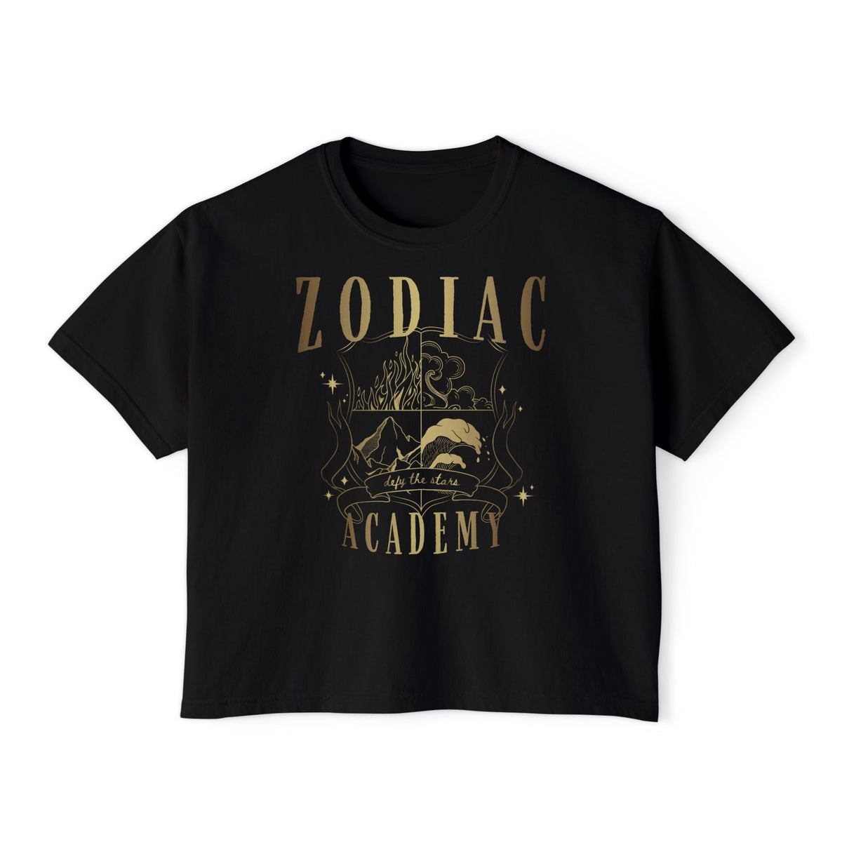 Zodiac Academy graphic crop top from thtgrlreads features a vintage-wash black Comfort Colors base with a bold metallic print of mystical symbols, combining fantasy and romance themes.