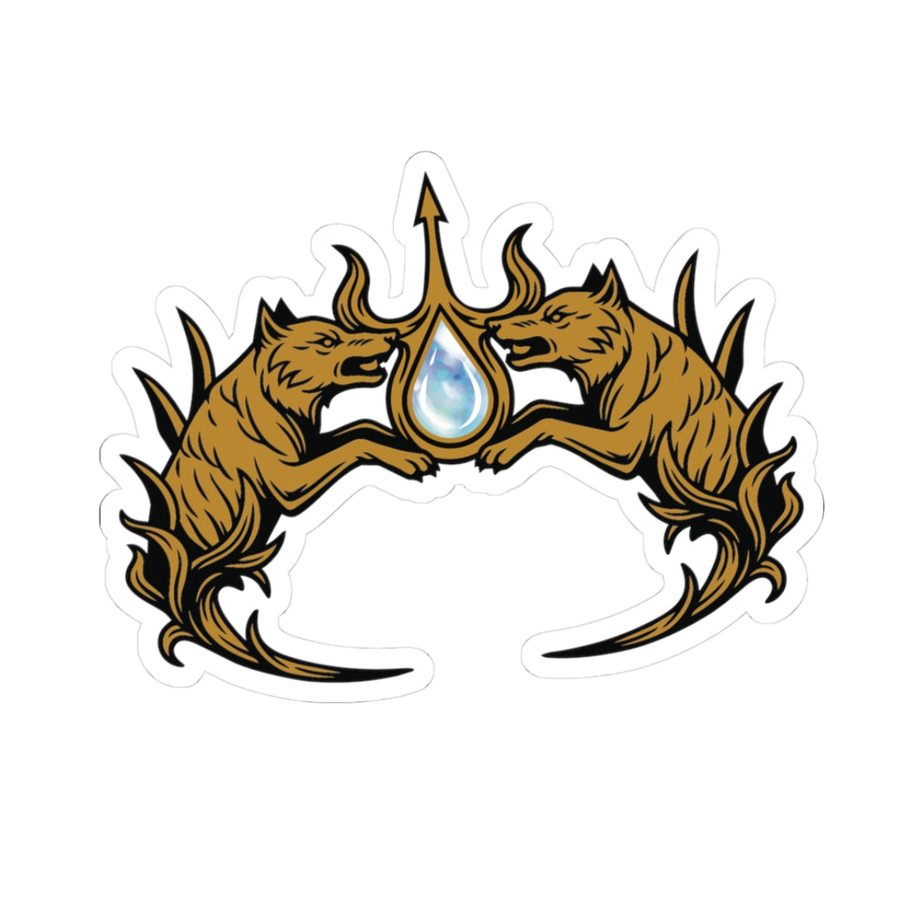 Sticker from thtgrlreads featuring a fantasy Wolves of Ruin design with two stylized wolves flanking a blue gem and trident, part of Printify’s official licensed merch collection.