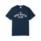 Navy Comfort Colors graphic tee from thtgrlreads featuring vintage white collegiate-style text reading "The Book Bestie Club," part of the Book Bestie collection on unisex fit.