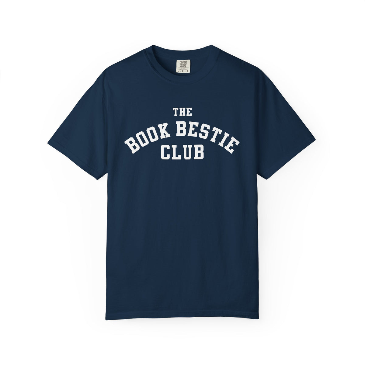 Navy Comfort Colors graphic tee from thtgrlreads featuring vintage white collegiate-style text reading "The Book Bestie Club," part of the Book Bestie collection on unisex fit.