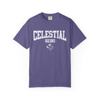 A vintage wash Comfort Colors graphic tee from thtgrlreads featuring distressed white collegiate-style text "Celestial Heirs" with crossed key and flame graphics, from the Zodiac Academy and Tees collections.