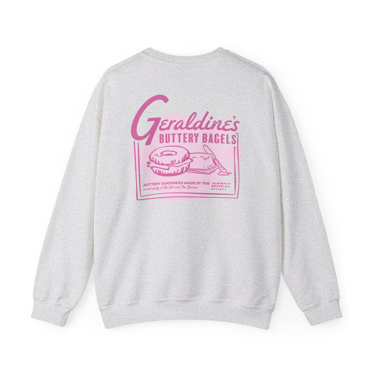 Zodiac Academy collection oversized crewneck sweatshirt by thtgrlreads featuring vintage wash comfort colors fabric with a pink graphic print inspired by Geraldine’s Bagels.